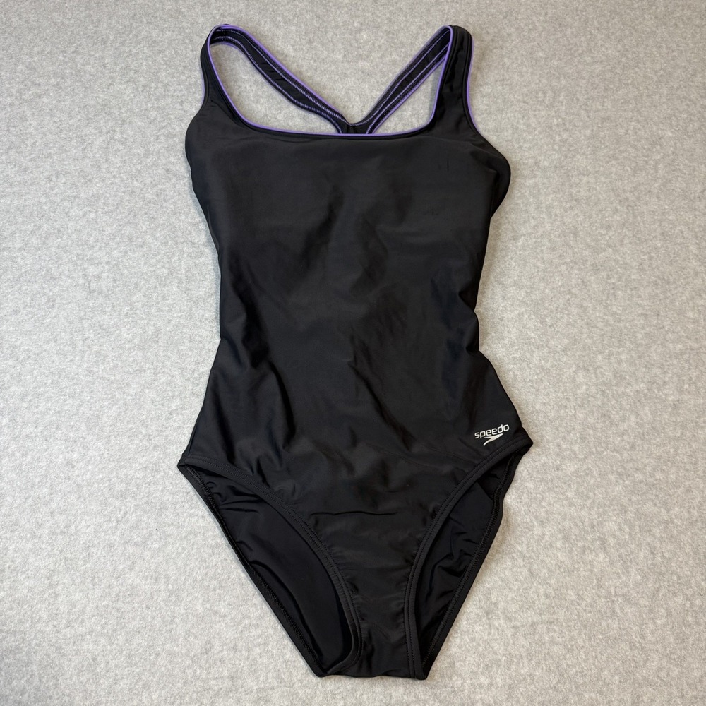 SPEEDO Size 10 Womens Black Lined Wireless One-Piece Sports Swimming Purple Trim